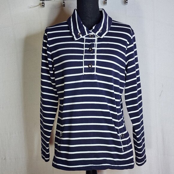 Karen Scott Sport Navy Stripe Cotton Span LS 1/4 Snap Up Stand Collar Top Sz M - Picture 4 of 16